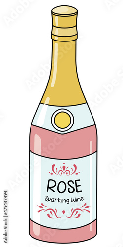 Premium Pink Sparkling Champagne Prosecco Cava wine in a bottle. Cute Valentines day doodle cartoon hipster style vector illustration isolated on white background. Good for party card, bar menu
