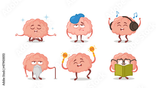 Set of Icons Cartoon Human Brain, Funny Mascots Meditate, Suffer of Headache, Listening Music with Headset, Dance