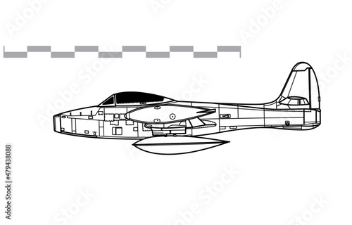 Republic F-84E Thunderjet. Vector drawing of early jet fighter-bomber aircraft. Side view. Image for illustration and infographics.