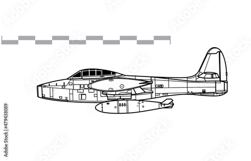 Republic F-84G Thunderjet with Mark 7 Nuclear Bomb. Vector drawing of early jet fighter-bomber aircraft. Side view. Image for illustration and infographics.