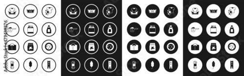 Set Drying clothes, Washer, Washing powder, Basin with shirt, Bottle for cleaning agent, Temperature wash, and T-shirt icon. Vector