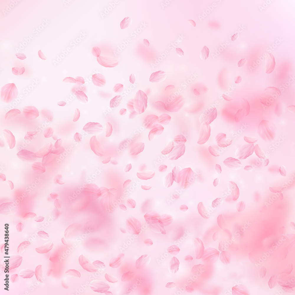 Sakura petals falling down. Romantic pink flowers gradient. Flying petals on pink square background. Love, romance concept. Uncommon wedding invitation.