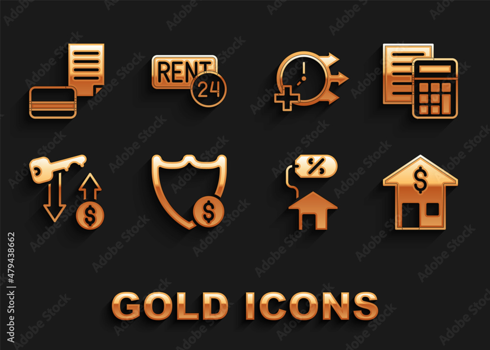 Set Shield with dollar, Calculator, House, percant, Rent key, Clock, Credit card and icon. Vector Set Shield with dollar, Calculator, House, percant, Rent key, Clock, Credit card and icon. Vector