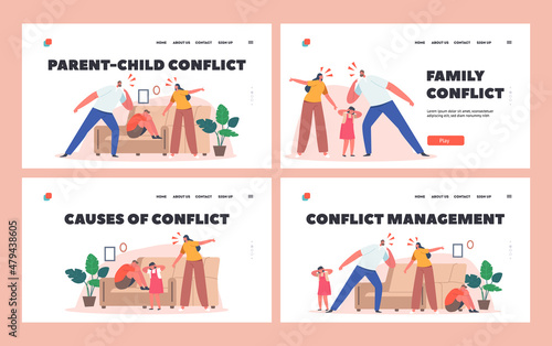 Family Conflict Landing Page Template Set. Problems between Parents and Children . Characters Mother and Father Yelling