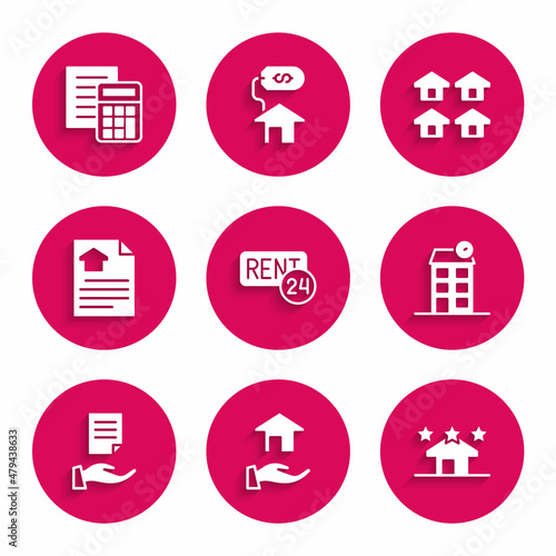 Set Rent, Realtor, estate, House, contract, and Calculator icon. Vector