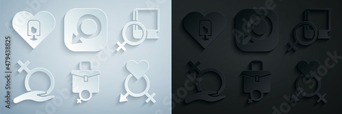 Set Work for female, Book about women, Female gender, Gender, Male and Heart with icon. Vector