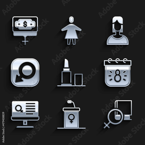 Set Lipstick, Debate podium rostrum, Book about women, Calendar with 8 March, Dating app, Male gender, Female and Money growth woman icon. Vector