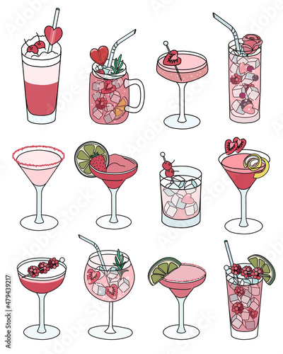A collection set of pink cute Valentines day special cocktails such as Margarita, Martini, Clover Club, Russian Spring punch and other. Doodle cartoon style vector illustration isolated on white