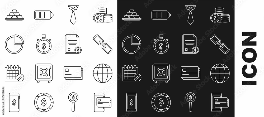 Set line Mobile phone and credit card, Earth globe, Chain link, Tie, Time is money, Pie chart infographic, Gold bars and Finance document icon. Vector Set line Mobile phone and credit card, Earth globe, Chain link, Tie, Time is money, Pie chart infographic, Gold bars and Finance document icon. Vector