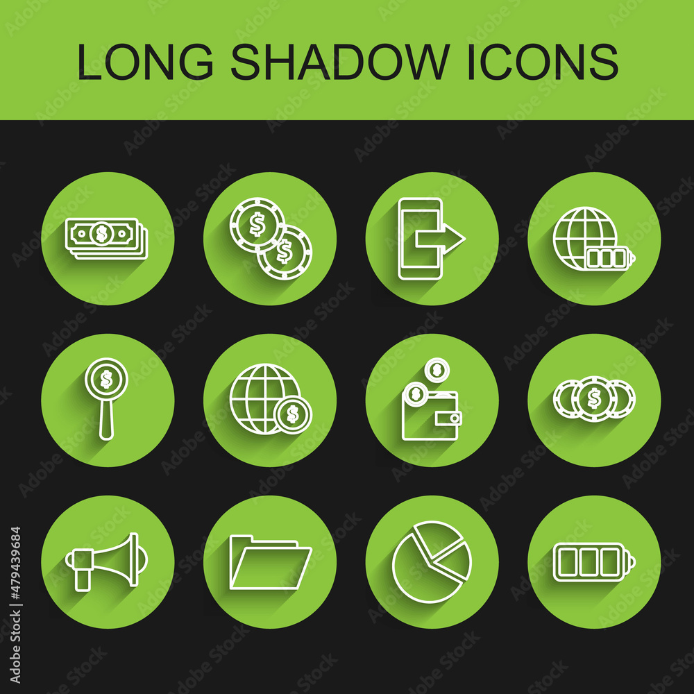 Set line Megaphone, Document folder, Stacks paper money cash, Pie chart infographic, Battery charge level indicator, Earth globe with dollar symbol, Coin and Wallet coins icon. Vector Set line Megaphone, Document folder, Stacks paper money cash, Pie chart infographic, Battery charge level indicator, Earth globe with dollar symbol, Coin and Wallet coins icon. Vector