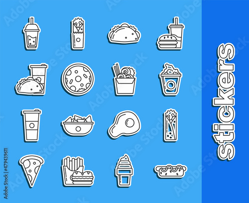 Set line Hotdog sandwich with mustard, Doner kebab, Popcorn in cardboard box, Taco tortilla, Pizza, Paper glass taco, Glass of lemonade drinking straw and Asian noodles paper chopsticks icon. Vector