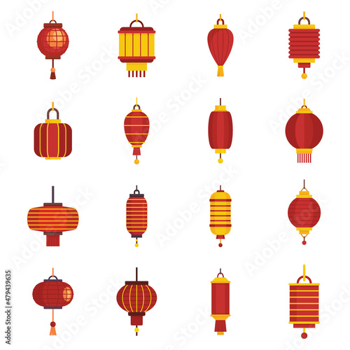 Asian flat cartoon lanterns icons vector set