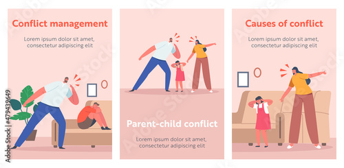 Conflict between Parents and Children Cartoon Banners. Family Characters Mother or Father Yelling on Each Other, Blaming