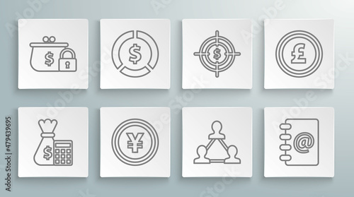 Set line Calculator with money bag, Coin dollar symbol, Yen, Project team base, Address book, Target, pound sterling and Closed wallet lock icon. Vector