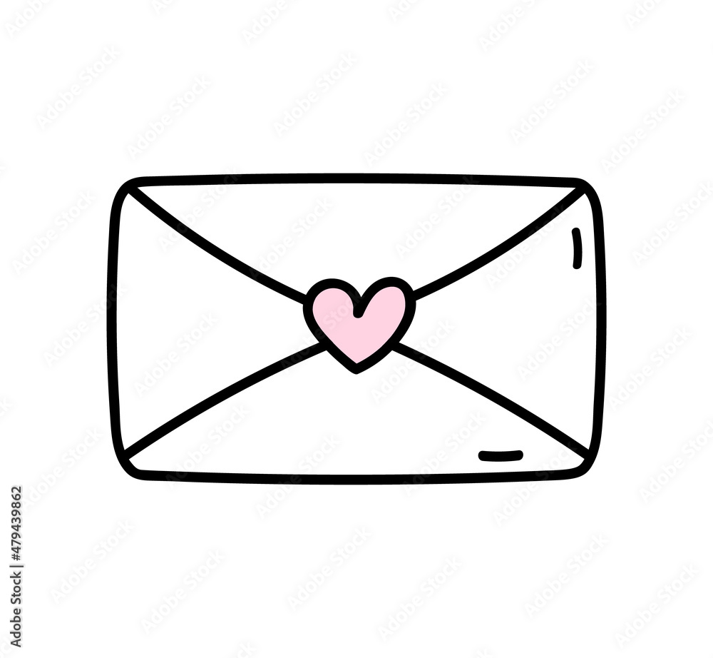 Cute closed envelope with heart isolated on white background. Vector hand-drawn illustration in doodle style. Perfect for Valentines day designs, cards, decorations. Cute closed envelope with heart isolated on white background. Vector hand-drawn illustration in doodle style. Perfect for Valentines day designs, cards, decorations.