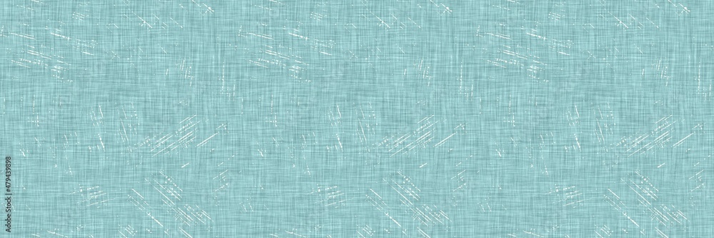 Aegean teal mottled border strip linen texture background. Summer coastal living style home decor fabric effect. Sea green wash grunge edge material. Decorative textile seamless pattern banner. 