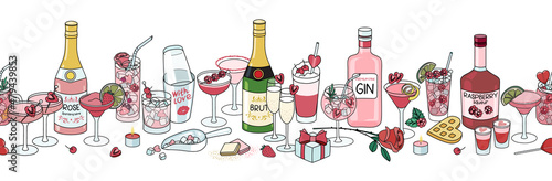 Valentines day cocktail seamless line pattern ornament. Pink love drinks in glasses, wine and liquor bottles, garnish and other romantic attributes. Vector illustration in cartoon doodle style photo