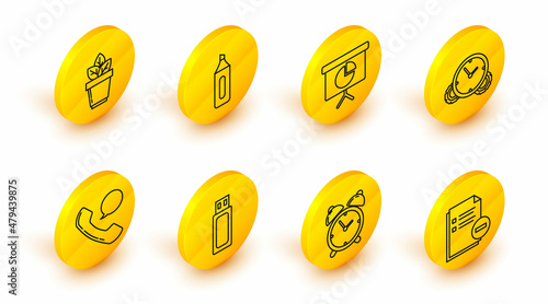 Set line Document with minus, Time Management, Presentation financial board graph, schedule, chart, diagram, infographic, pie graph, Marker pen and Flowers pot icon. Vector