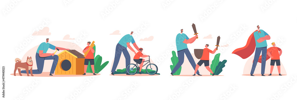 Set Happy Family Characters Dad and Little Son Spend Time Together Building Dog Booth, Riding Bicycle, Fight on Swords