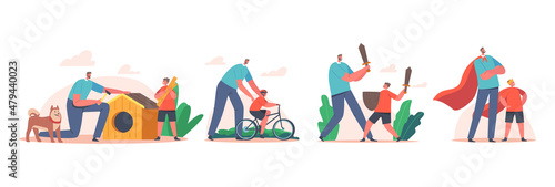 Set Happy Family Characters Dad and Little Son Spend Time Together Building Dog Booth, Riding Bicycle, Fight on Swords