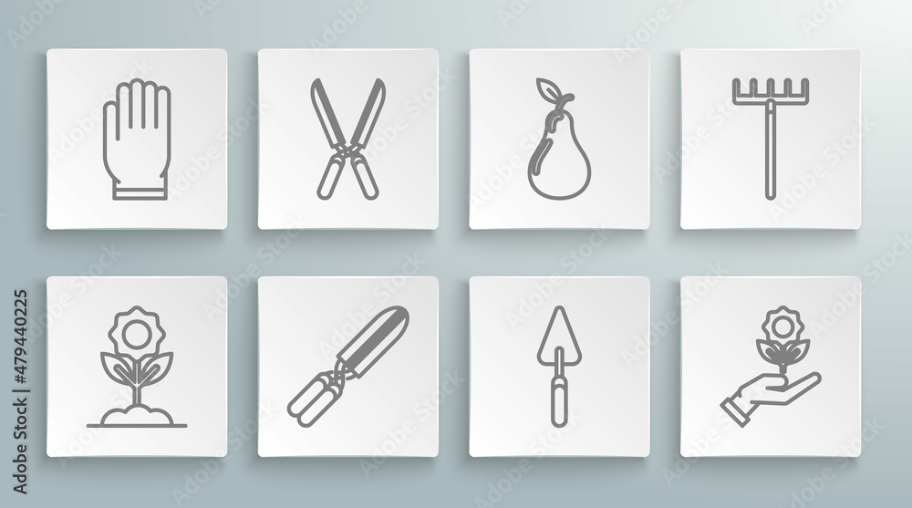 Set line Flower, Gardening handmade scissors for trimming, trowel spade shovel, Hand holding flower, Pear, rake and gloves icon. Vector Set line Flower, Gardening handmade scissors for trimming, trowel spade shovel, Hand holding flower, Pear, rake and gloves icon. Vector