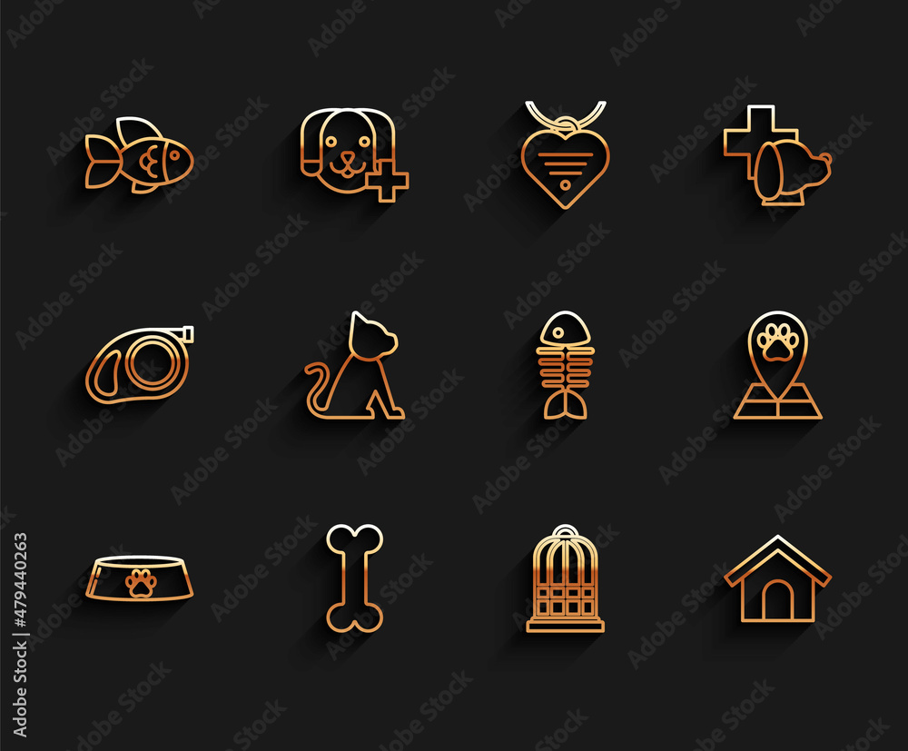 Set line Pet food bowl for cat or dog, Dog bone, Fish, Cage birds, house, Cat, Map pointer with veterinary medicine hospital and skeleton icon. Vector Set line Pet food bowl for cat or dog, Dog bone, Fish, Cage birds, house, Cat, Map pointer with veterinary medicine hospital and skeleton icon. Vector