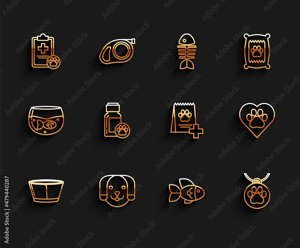 Set line Protective cone collar, Dog, Clipboard with medical clinical record pet, Fish, Collar name tag, medicine bottle, Heart animals footprint and Bag of food for dog icon. Vector Set line Protective cone collar, Dog, Clipboard with medical clinical record pet, Fish, Collar name tag, medicine bottle, Heart animals footprint and Bag of food for dog icon. Vector