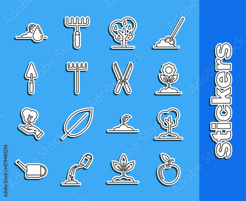 Set line Apple, Tree in the ground, Flower, with pears, Garden rake, trowel spade or shovel, Watering sprout and Gardening handmade scissors for trimming icon. Vector