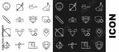 Set line Moose head on shield, Hunt place, bear with crosshairs, Flying duck, Trap hunting, Hunting cartridge belt cartridges, Bear and moose icon. Vector