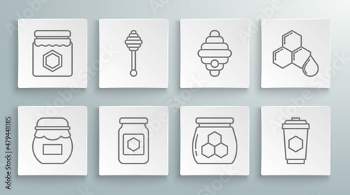 Set line Jar of honey, Honey dipper stick, Cup tea with, Hive for bees, Honeycomb and icon. Vector