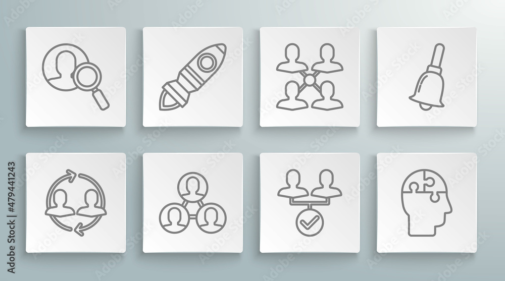 Set line Human resources, Rocket ship with fire, Project team base, head puzzles strategy, Ringing bell and Magnifying glass for search people icon. Vector Set line Human resources, Rocket ship with fire, Project team base, head puzzles strategy, Ringing bell and Magnifying glass for search people icon. Vector