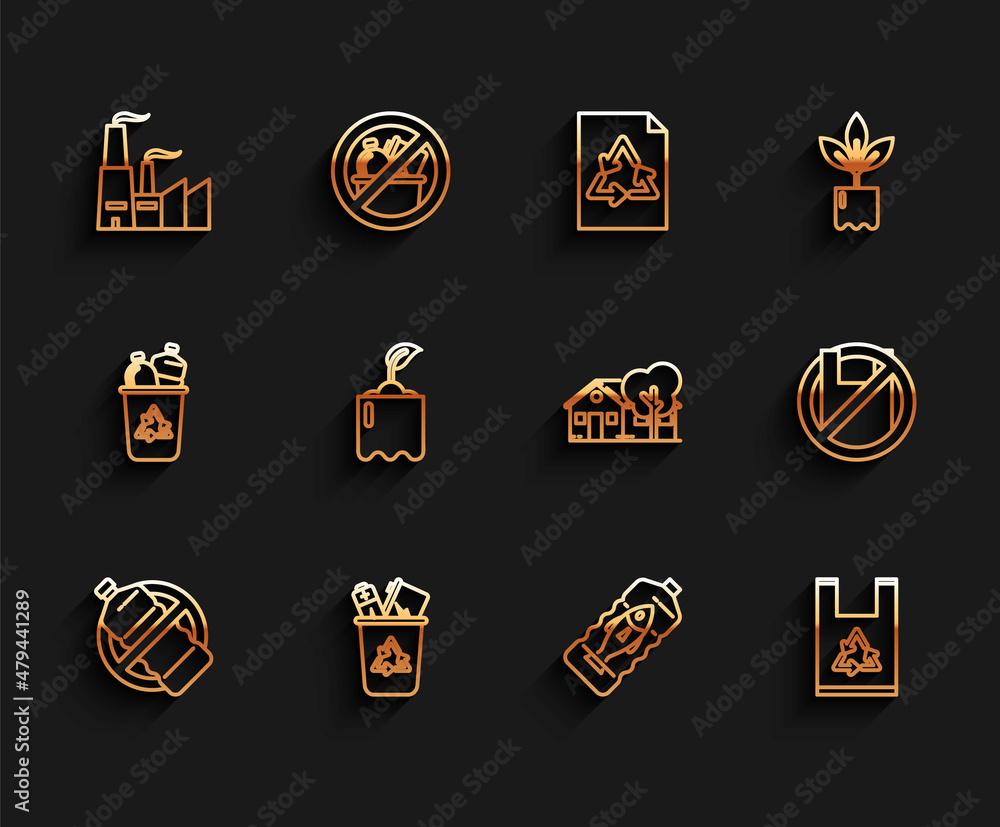 Set line No plastic bottle, Recycle bin with recycle symbol, Factory, Stop ocean pollution, Plastic bag, Sprout, Say no bags poster and Eco friendly house icon. Vector Set line No plastic bottle, Recycle bin with recycle symbol, Factory, Stop ocean pollution, Plastic bag, Sprout, Say no bags poster and Eco friendly house icon. Vector