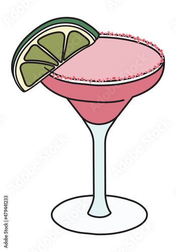 Cute romantic Valentines day Pink Margarita cocktail with lime and salt rim. Doodle cartoon vector illustration isolated on white. For greeting card, special holiday cocktail party poster, invitation