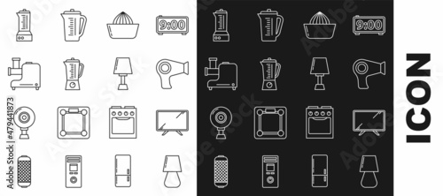 Set line Table lamp, Smart Tv, Hair dryer, Citrus fruit juicer, Blender, Kitchen meat grinder, and icon. Vector