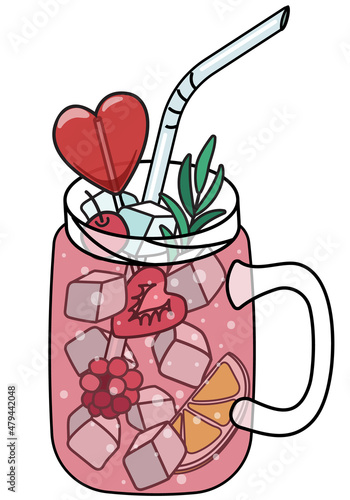 Cute romantic Valentines day pink cocktail mocktail in Lynchburg Lemonade jar glass garnished with heart shaped strawberries, fruits and lollipop. Doodle cartoon vector illustration isolated on white