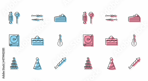 Set line Wine glasses stacked in a pyramid tower, Party hat, Lollipop, Firework rocket, Cake, Guitar, Vinyl player with vinyl disk and Grilled shish kebab icon. Vector