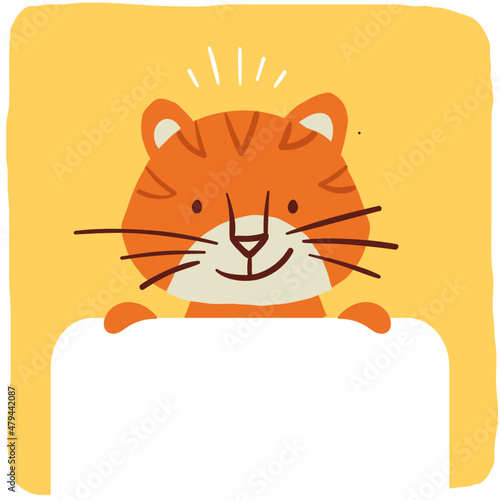 cute hand drawing of tiger behind white square. flat illustration.