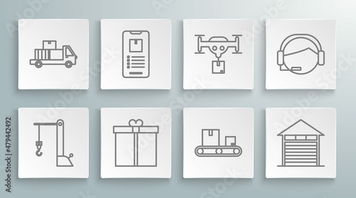 Set line Harbor port crane, Gift box, Conveyor belt cardboard, Closed warehouse, Delivery drone the package, Support operator touch and truck boxes icon. Vector