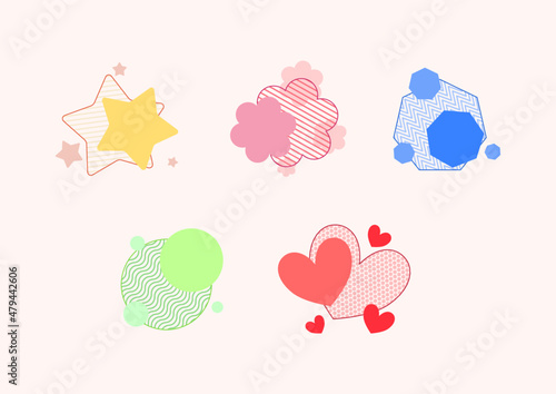 Zestaw prostych i kolorowych kształtów. Wektorowe elementy do projektów, naklejki, etykiety, kontenery. Geometryczne ramki do umieszczenia krótkiego tekstu.