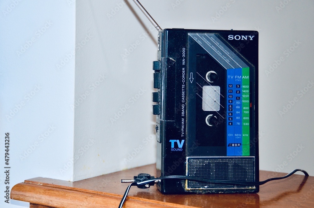 New York, US- August 17, 2020: The Sony old portable cassette player, an icon and symbol of the 80s. Vintage compact Walkman, cassette player