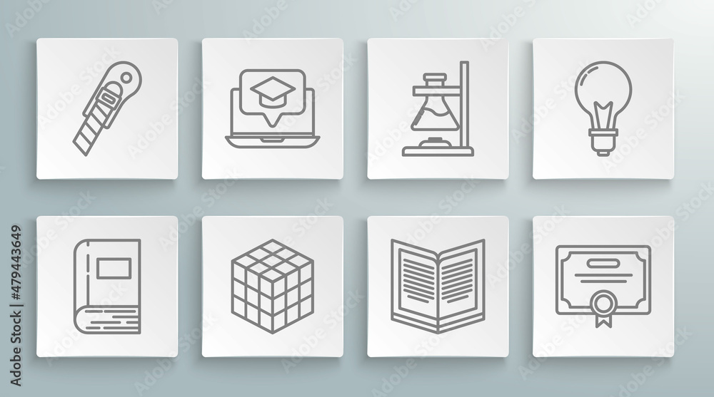 Set line Book, Graduation cap on screen laptop, Rubik cube, Open book, Certificate template, Glass test tube flask fire, Light bulb with concept of idea and Stationery knife icon. Vector Set line Book, Graduation cap on screen laptop, Rubik cube, Open book, Certificate template, Glass test tube flask fire, Light bulb with concept of idea and Stationery knife icon. Vector