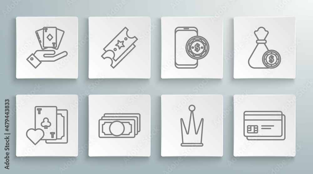 Set line Playing card with clubs symbol, Lottery ticket, Stacks paper money cash, Crown, Credit, Online poker table game, Money bag and casino chips and Hand holding deck of playing cards icon. Vector Set line Playing card with clubs symbol, Lottery ticket, Stacks paper money cash, Crown, Credit, Online poker table game, Money bag and casino chips and Hand holding deck of playing cards icon. Vector