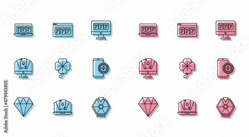 Set line Diamond, Online poker table game, slot machine with lucky sevens jackpot, Lucky wheel, Four leaf clover, and icon. Vector