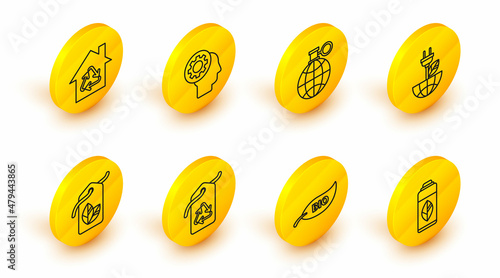 Set line Recycling plastic bottle, Leaf Bio symbol, Tag with recycle, leaf, Electric saving plug, Planet earth and recycling, Human head gear inside and Eco House icon. Vector