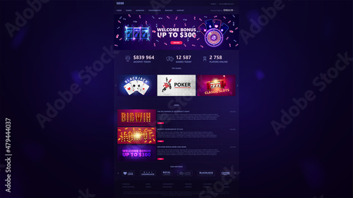 Online casino, dark and blue template of website of casino with web banners and casino elements