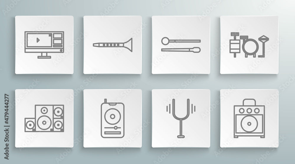 Set line Stereo speaker, Clarinet, Music player, Musical tuning fork, Guitar amplifier, Drum sticks, Drums and Video recorder editor software on monitor icon. Vector Set line Stereo speaker, Clarinet, Music player, Musical tuning fork, Guitar amplifier, Drum sticks, Drums and Video recorder editor software on monitor icon. Vector