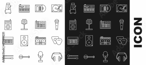 Set line Headphones, Guitar pick, Microphone, Vinyl disk, Music stand, MP3 player, Metronome with pendulum motion and synthesizer icon. Vector