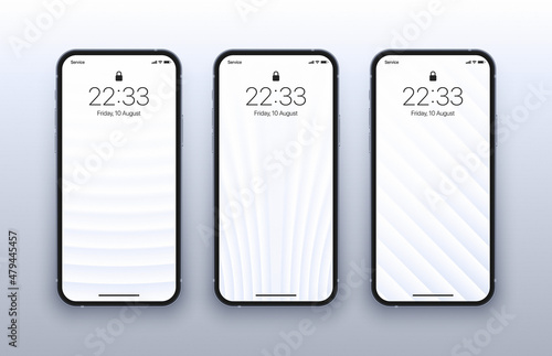 Different Variations Minimalist White 3D Smooth Lines Geometric Wallpaper Set On Photo Realistic Smart Phone Screen Isolated On Light Background. Vertical Abstract Blurred Screensavers For Smartphone