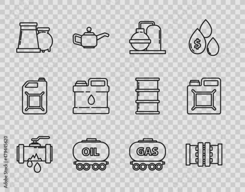 Set line Broken metal pipe with leaking water, Industry metallic pipes and valve, Oil gas industrial factory building, railway cistern, Canister for motor machine oil, Gas and gasoline icon. Vector