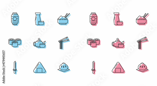 Set line Japanese katana, Sushi, paper lantern, Khinkali on cutting board, tea ceremony, Asian noodles and chopsticks, and Traditional icon. Vector